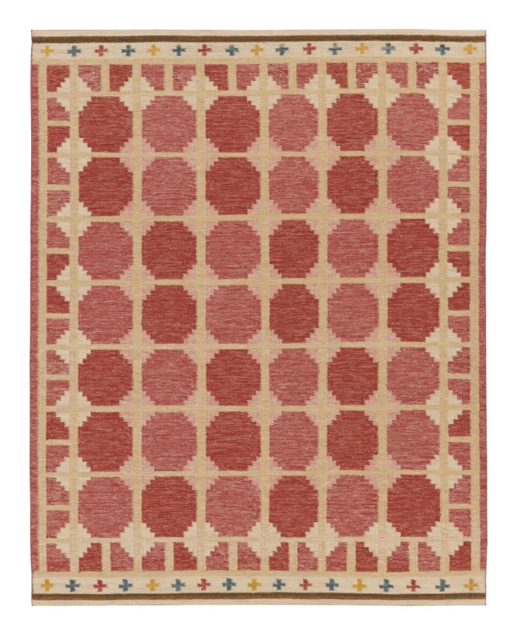 Rug & Kilim's Contemporary Scandinavian Flat Weave Rug in Pink Hexagonal Grid