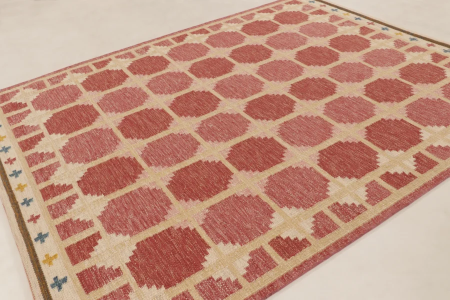 Hover image of Rug & Kilim's Contemporary Scandinavian Flat Weave Rug in Pink Hexagonal Grid