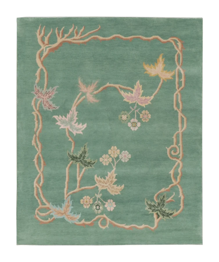 Rug & Kilim’s Chinese Art Deco Rug with Floral Motifs in Green & Beige