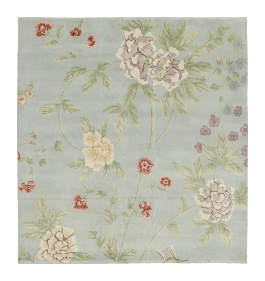 Rug & Kilim’s Chinese Art Deco Square Rug with Floral Vinery in Pastel Hues