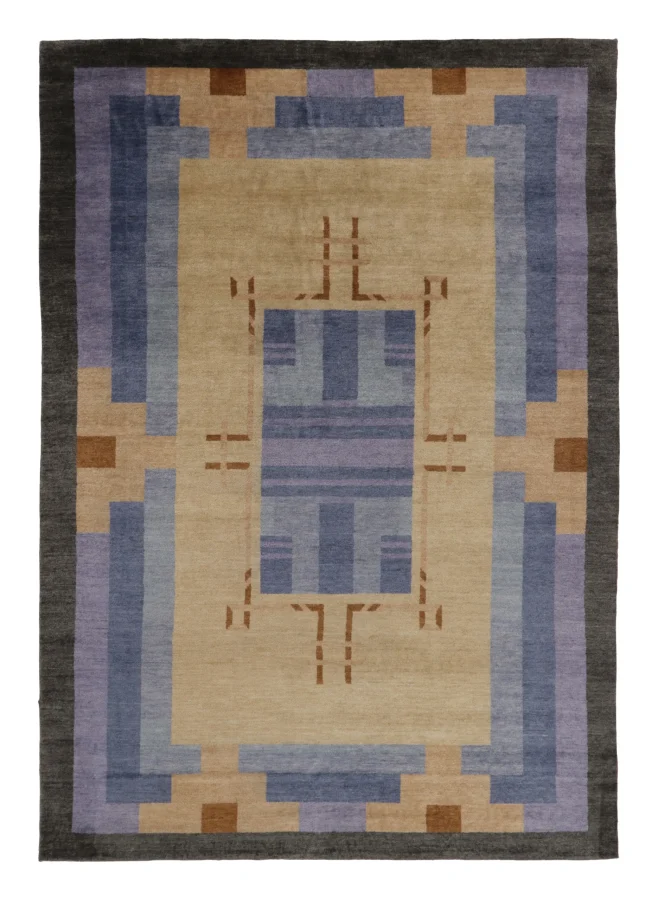 Rug & Kilim's Contemporary Art Deco Rug in Beige and Blue Geometric Design