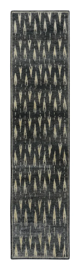 Rug & Kilim's Block Print Runner with Textural Black & Beige Ikat Design