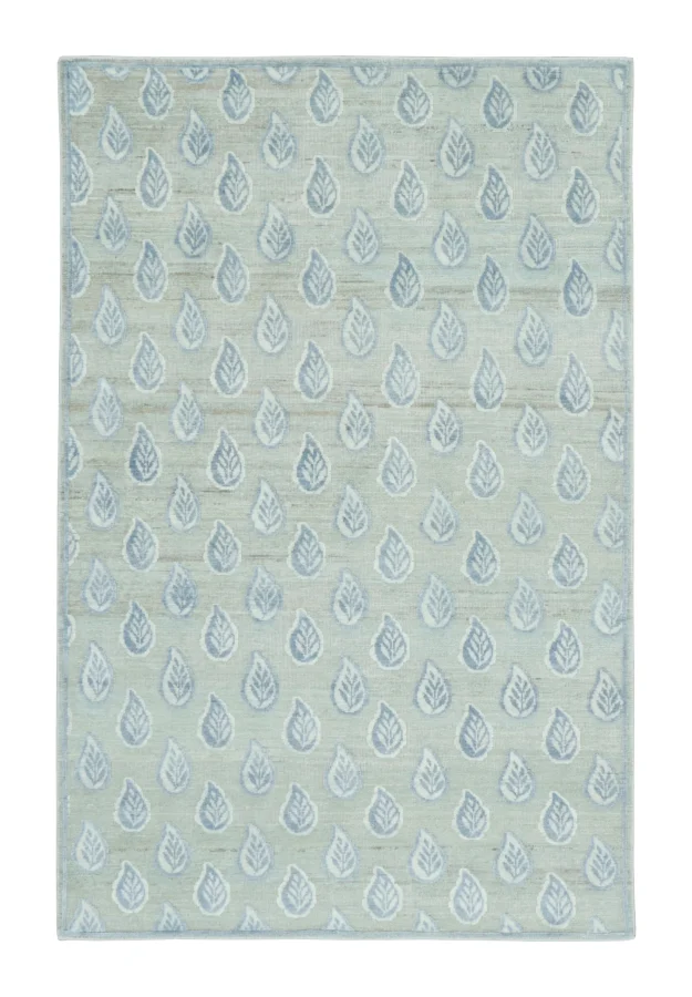 Rug & Kilim's Block Print Floral Rug with Textural Blue Botanical Leaf Design