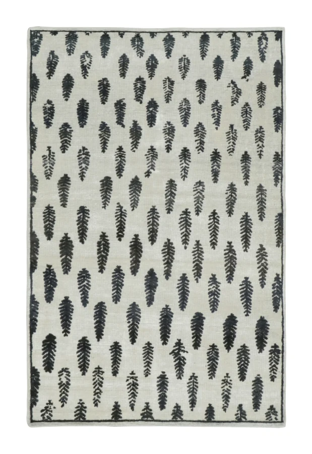 Rug & Kilim's Block Print Rug with Textural Botanical Motif in Ivory & Black