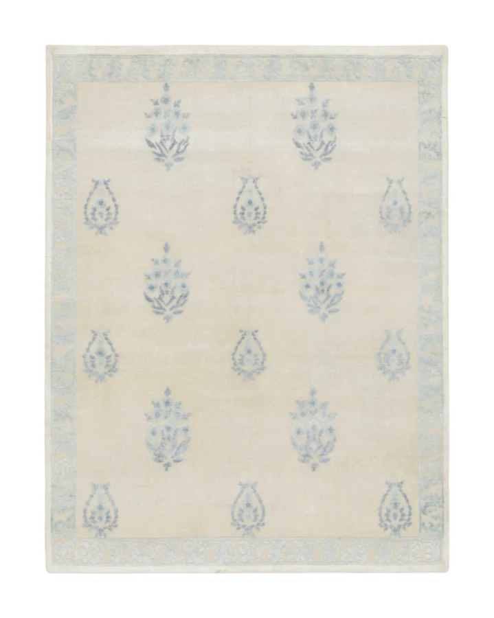 Rug & Kilim's Block Print Floral Rug with Ivory & Sky Blue Allover Design