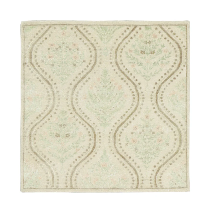 Rug & Kilim's Block Print Floral Square Rug with Ivory, Sage & Taupe Design