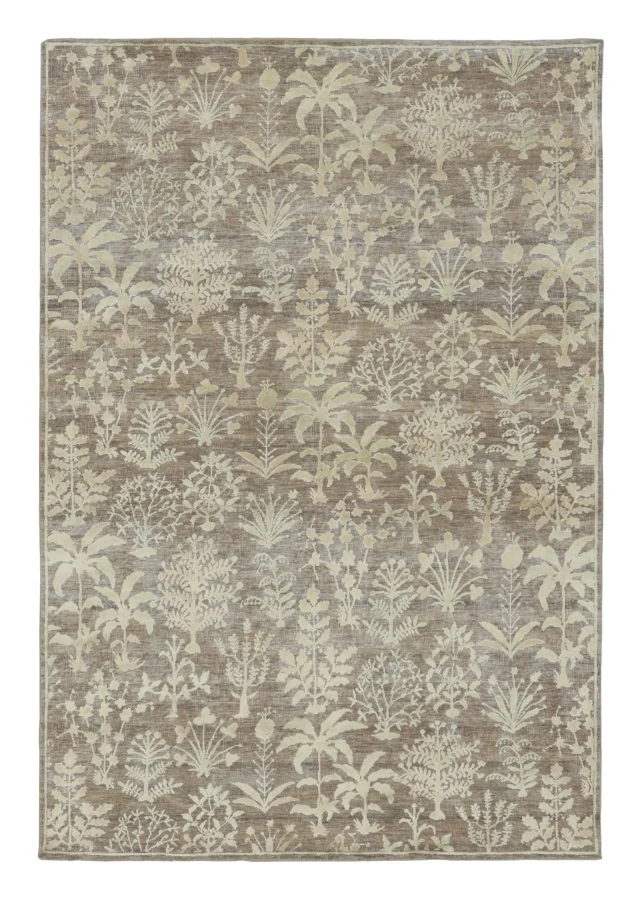 Rug & Kilim’s Block Print Rug with All-Over Botanical Design in Beige & Brown