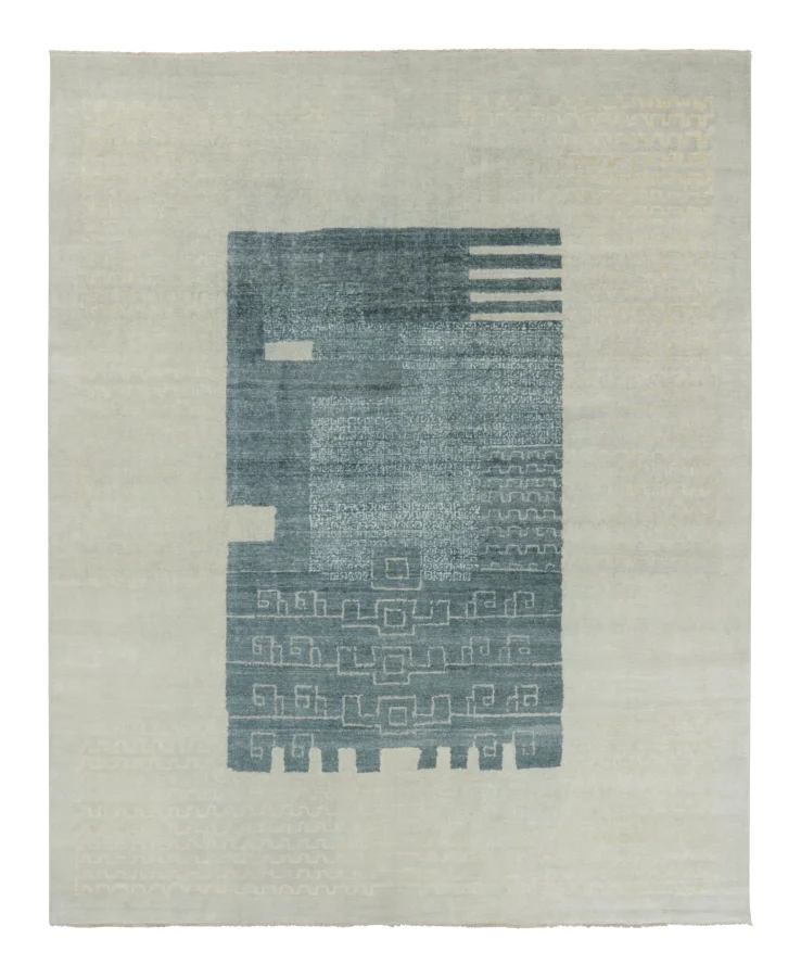Rug & Kilim’s Contemporary French Deco Rug with Geometric Design in Beige & Teal