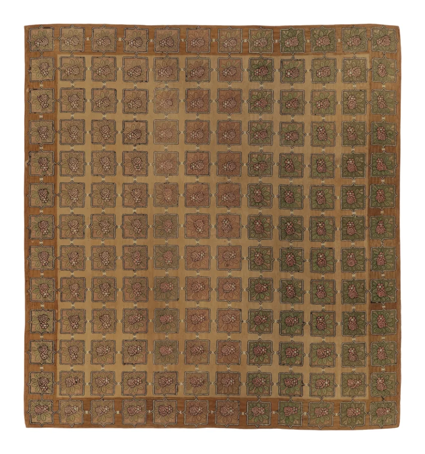 Antique Hooked Rug with Floral Geometric Grid in Warm Gold - Rug & Kilim