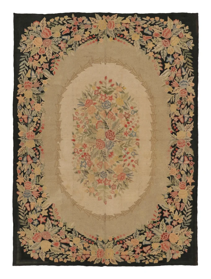 Antique Hooked Rug with Polychromatic Floral Wreath Medallion Design - Rug & Kilim