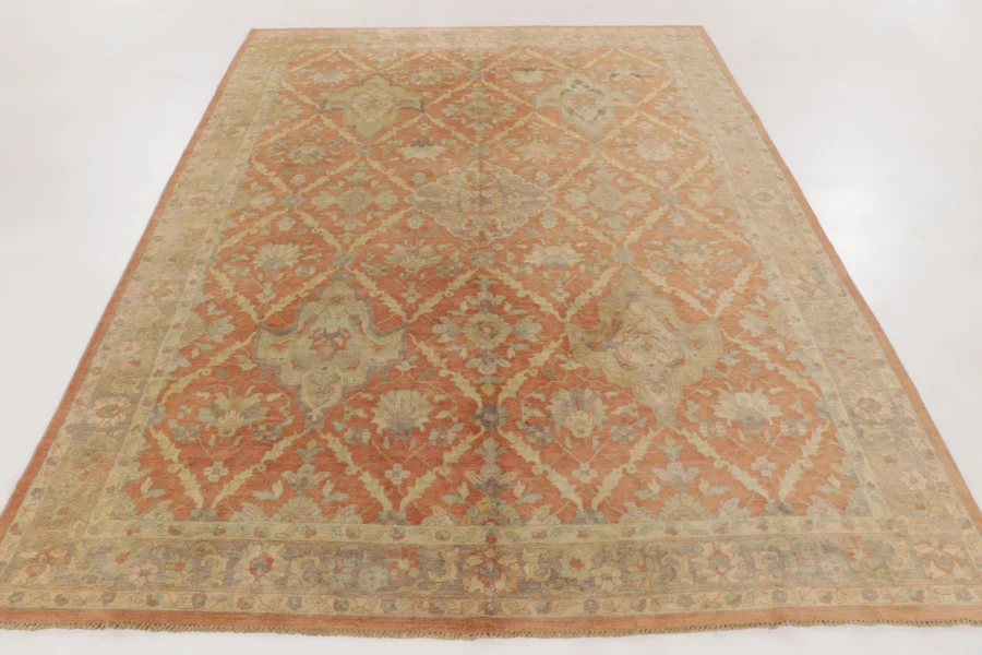 Hover image of Antique Hooked Rug in Coral & Ivory with Medallion Floral Design - Rug & Kilim