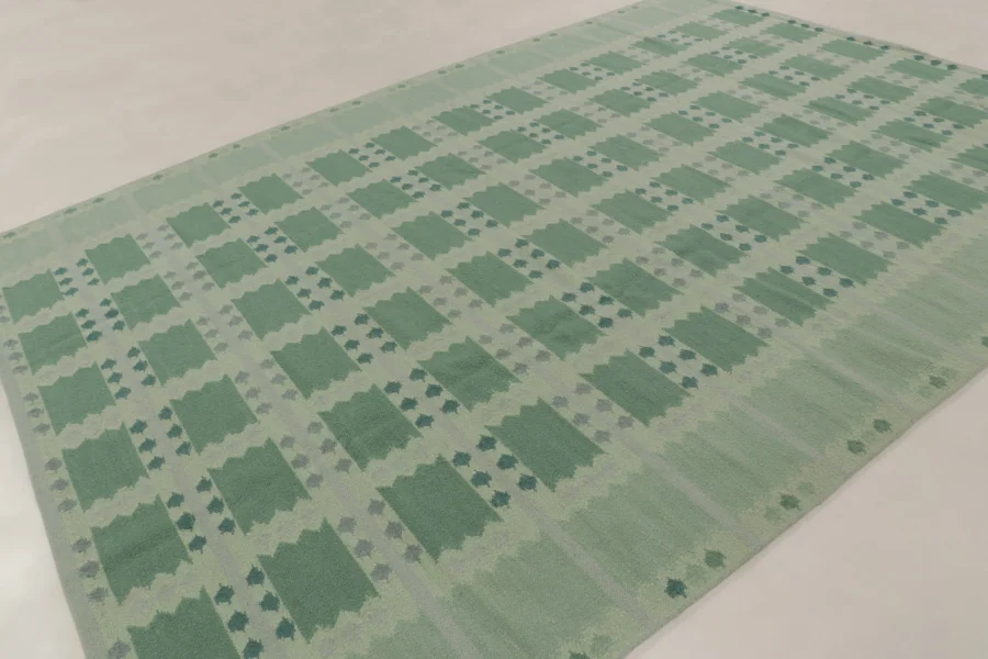 Hover image of Rug & Kilim's Scandinavian Flatweave Rug with Geometric Grid in Lush Green Hues
