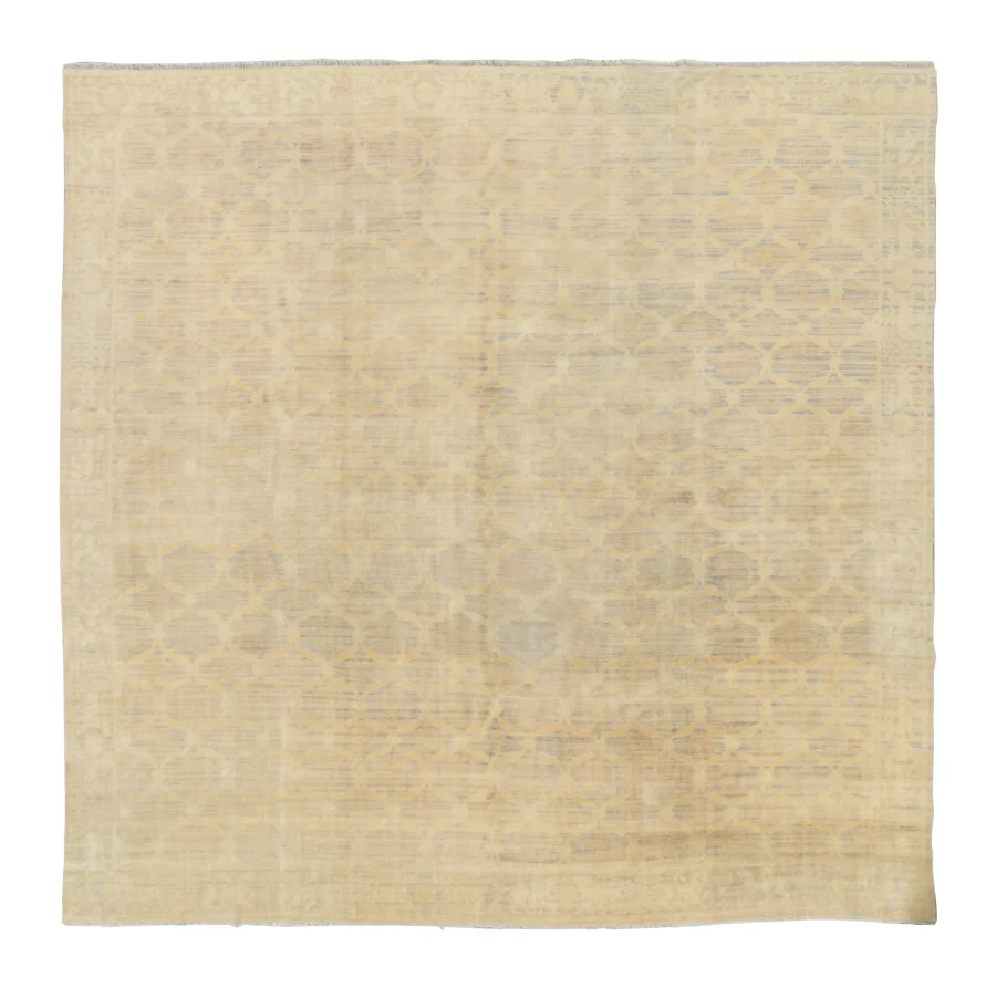 Antique Spanish Square Rug with Ogee Motif Trellis in Warm Beige Hues - Rug & Kilim