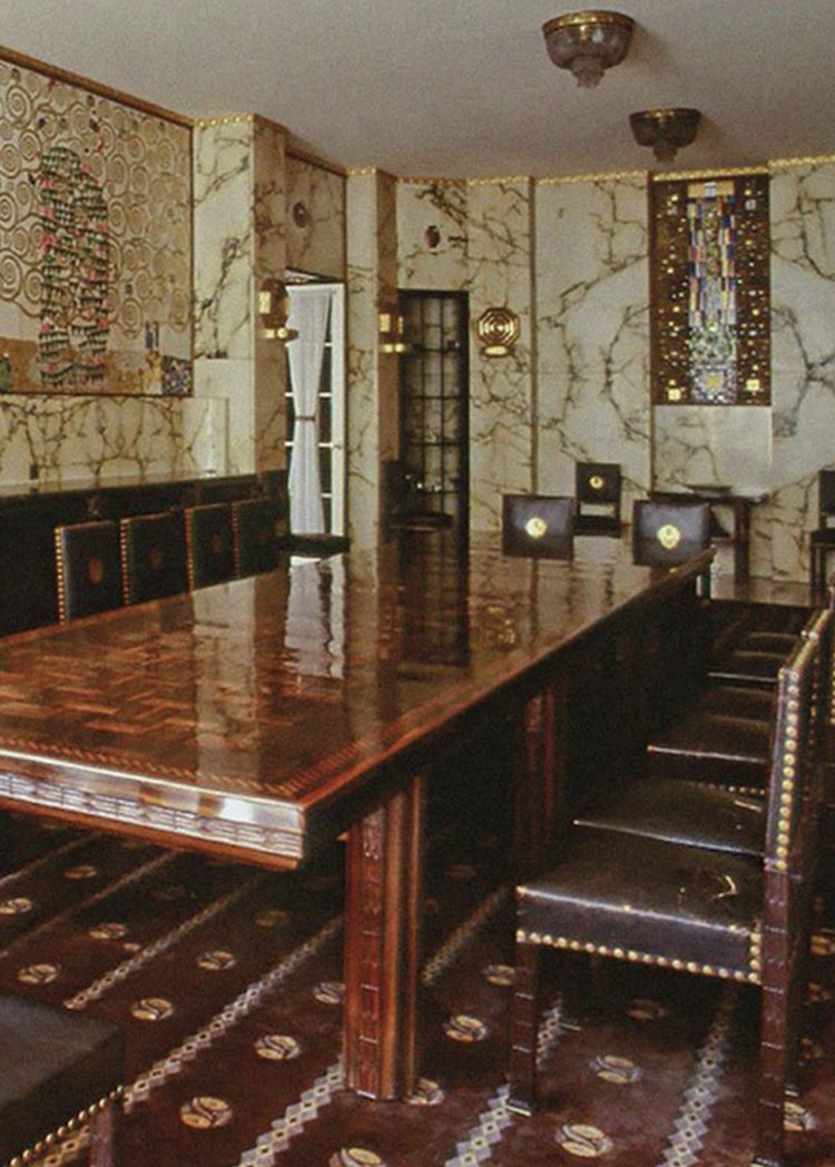 A Viennese rug in the dining room of Brussels’ Stoclet Palais. The Hoffmann “Bellflower” model, 1910, created for the Wiener Werkstätte and woven by Johann Backhausen & Söhne.