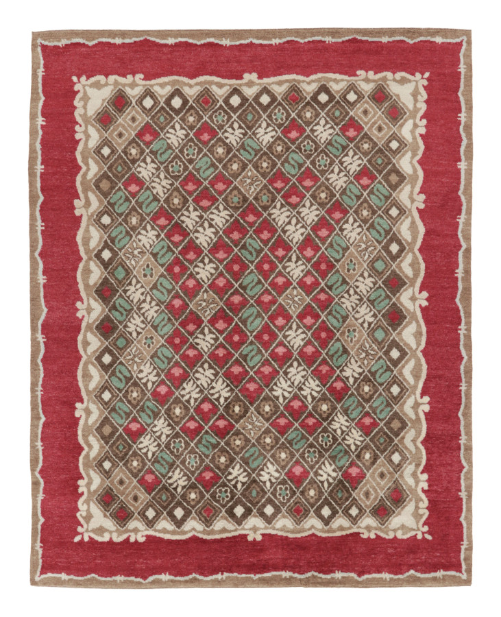 Rug & Kilim’s Contemporary Art Deco Rug with Floral Grid in Beige & Crimson