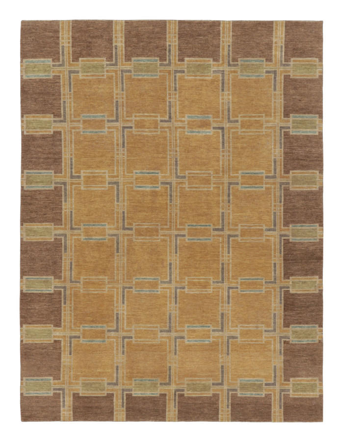 Rug & Kilim's Scandinavian Rug in Gold & Brown with Geometric Grid Design