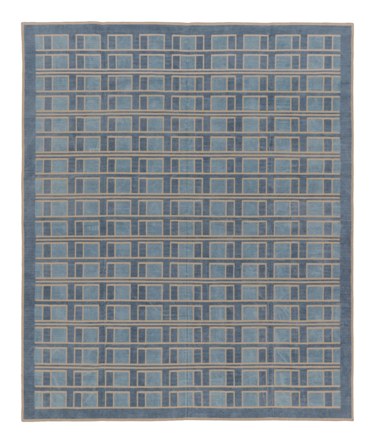 Rug & Kilim's Contemporary Dhurrie Rug in Blue & Gold with Geometric Grid Design
