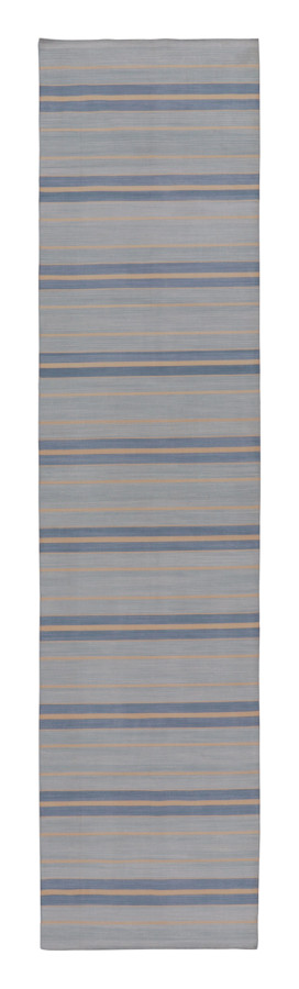 Rug & Kilim’s Contemporary Dhurrie Gallery Runner with Stripes in Blue & Pink