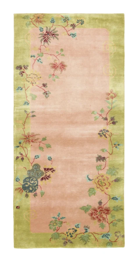 Rug & Kilim's Contemporary Chinese Deco Runner in Peach & Celadon Green