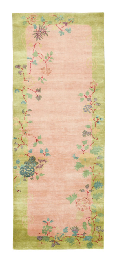 Rug & Kilim's Contemporary Chinese Deco Runner in Peach & Celadon Green