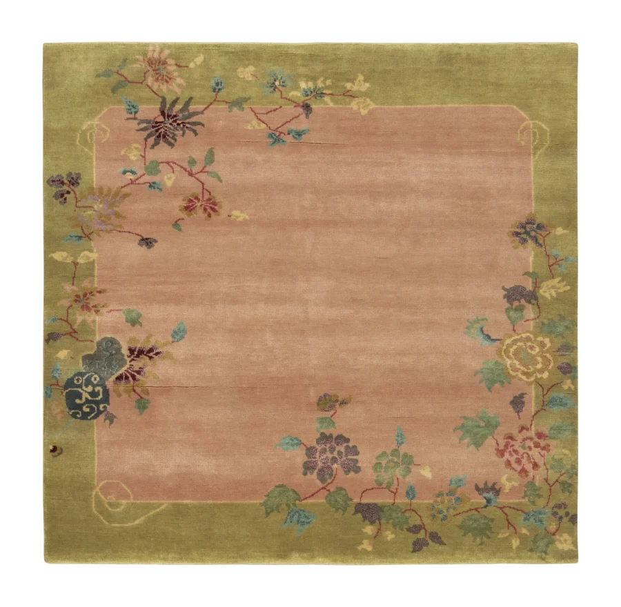 Rug & Kilim's Contemporary Chinese Art Deco Square Rug in Pink with Florals