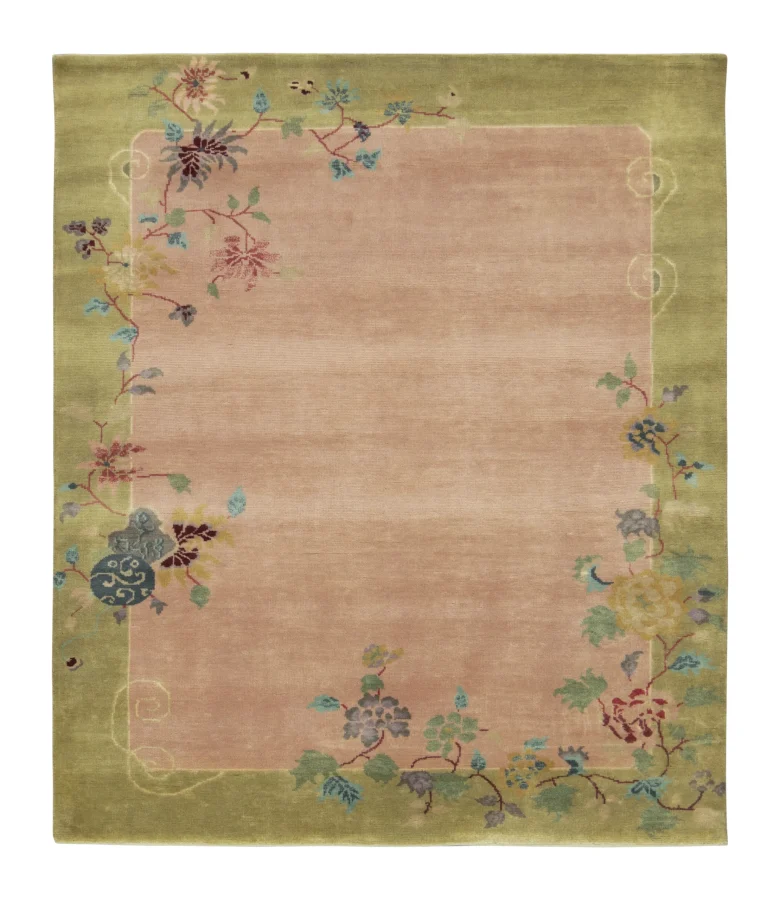 Rug & Kilim's Contemporary Chinese Deco Rug in Pink & Green with Floral Design