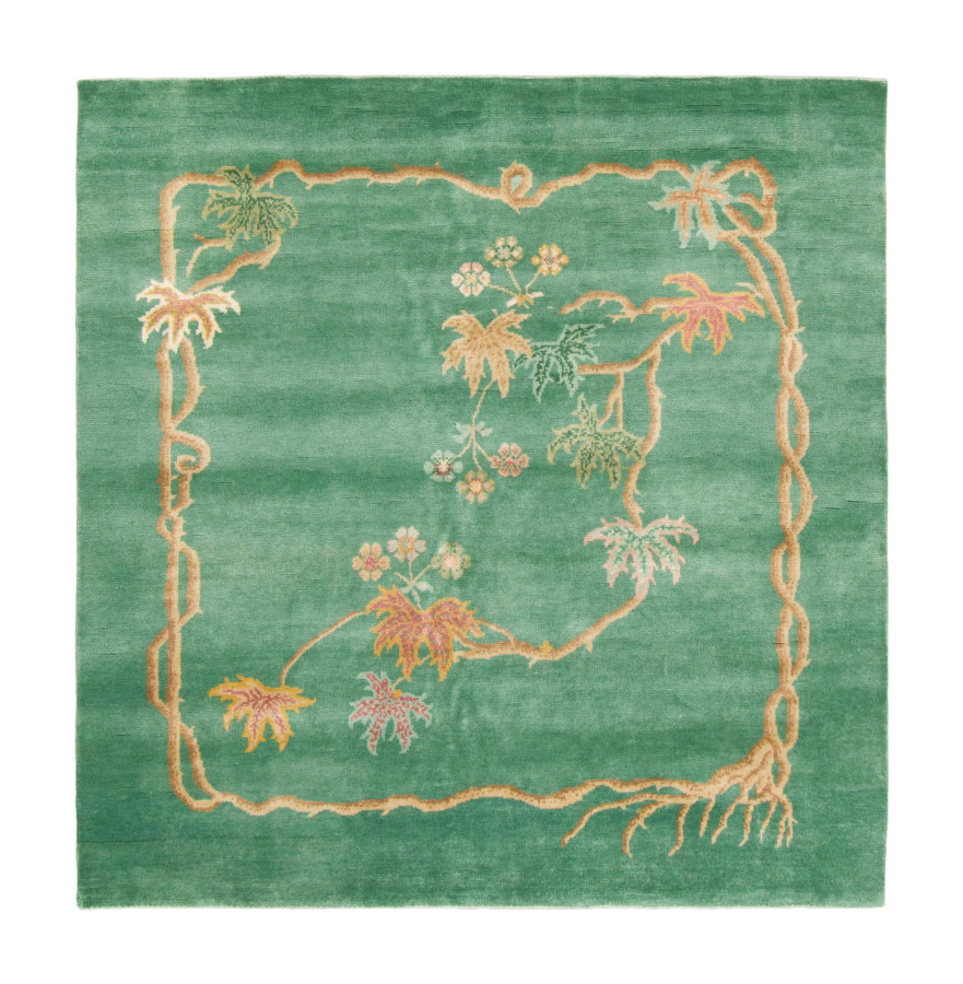 Rug & Kilim's Contemporary Chinese Deco Square Rug in Jade & Gold Floral Design