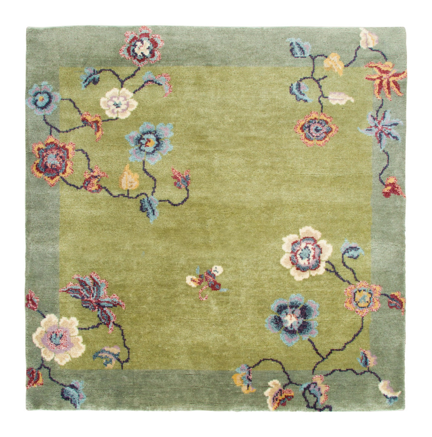 Rug & Kilim's Contemporary Chinese Deco Square Rug in Green with Floral Design