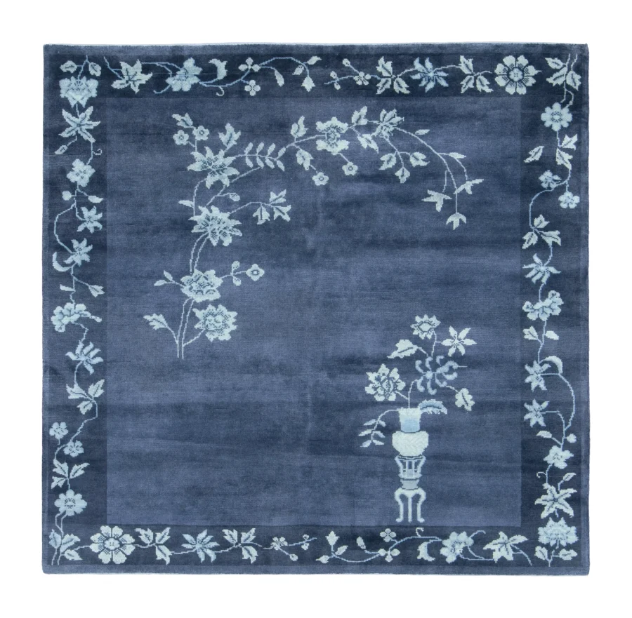 Rug & Kilim's Contemporary Chinese Art Deco Square Rug in Blue Floral Design
