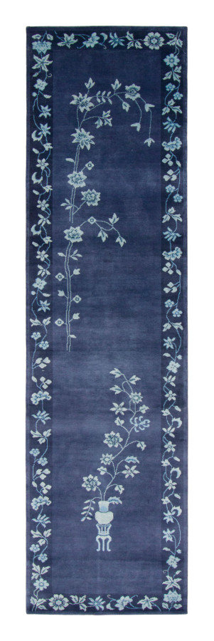 Rug & Kilim's Contemporary Chinese Deco Runner in Blue with Florals & Pictorial