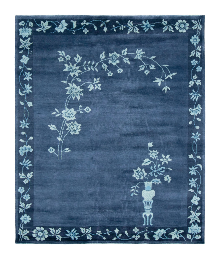 Rug & Kilim's Contemporary Chinese Deco Rug in Navy & Light Blue Florals