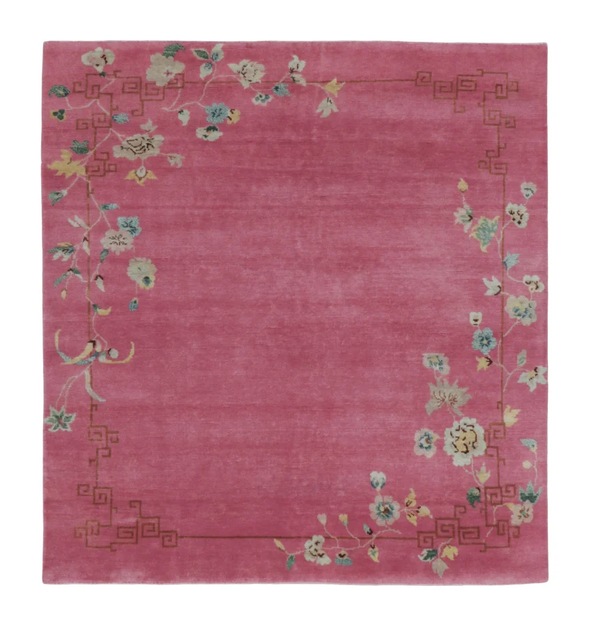 Rug & Kilim's Contemporary Chinese Art Deco Square Rug in Pink & Cream with Floral