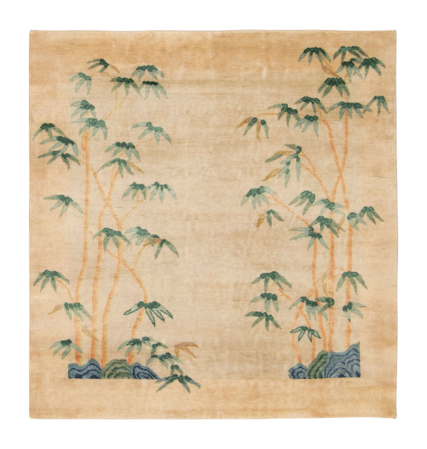 Rug & Kilim's Contemporary Chinese Deco Square Rug in Green Bamboo Design