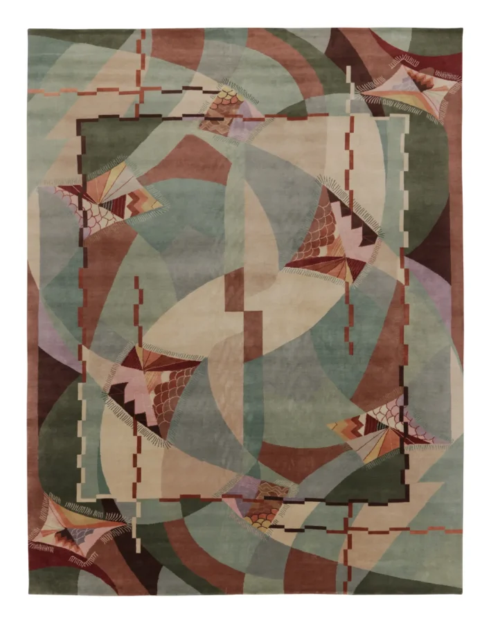 Rug & Kilim’s Contemporary Chinese Art Deco Rug in Green Curved Geometry