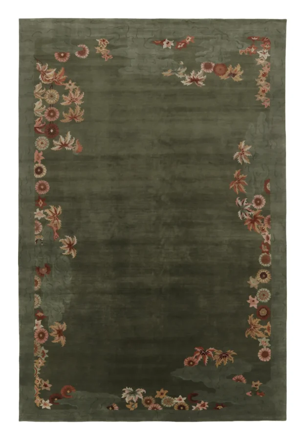 Rug & Kilim’s Contemporary Chinese Art Deco Rug in Sage Green Floral Design