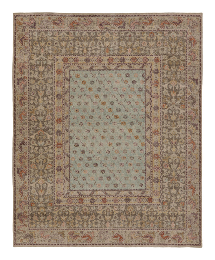 Rug & Kilim's Contemporary Distressed Ghiordes Rug with Blue Floral Motifs
