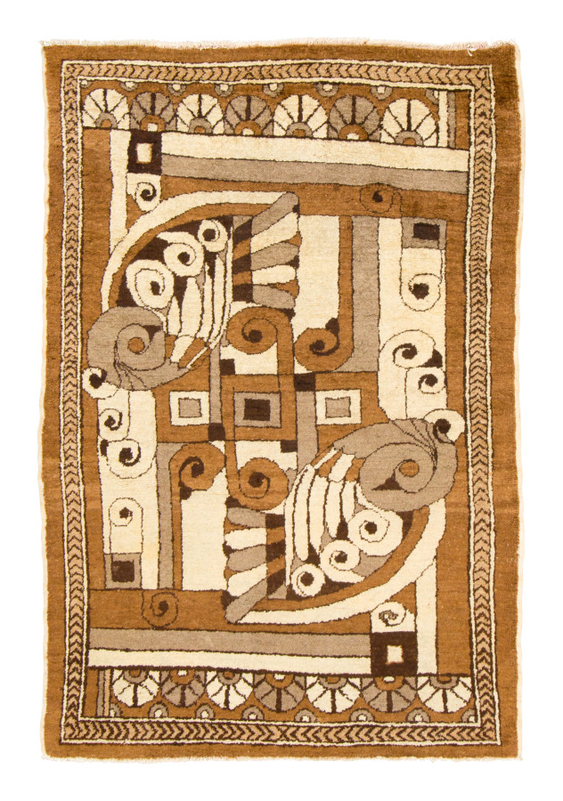 Vintage French Rug in Ochre & Espresso with Geometric Design - Rug & Kilim