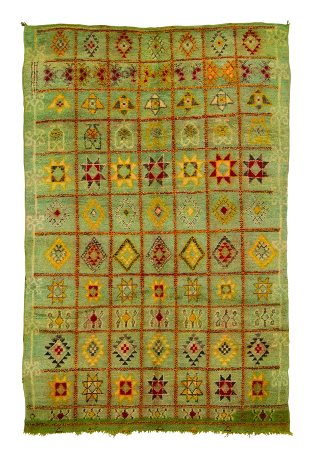 Vintage Moroccan Berber Rug with Geometric Grid in Green & Gold - Rug & Kilim