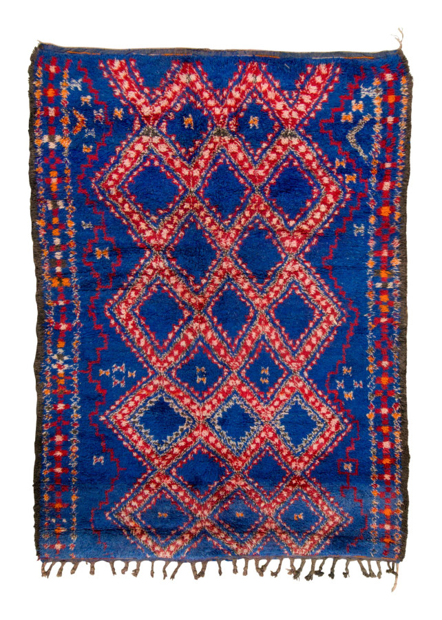 Vintage Moroccan Berber Shag Rug with Central Lattice in Blue & Red - Rug & Kilim