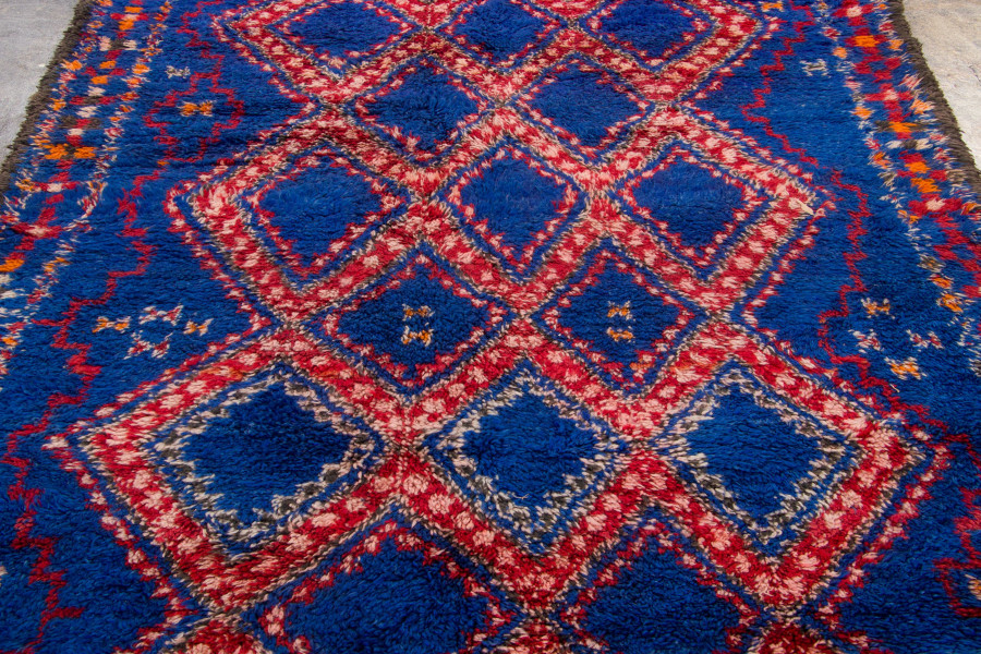 Hover image of Vintage Moroccan Berber Shag Rug with Central Lattice in Blue & Red - Rug & Kilim