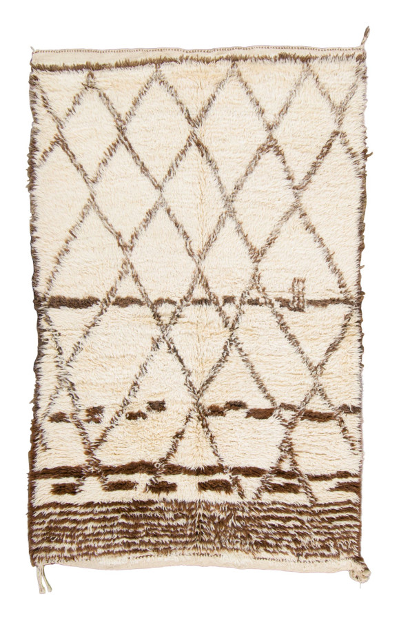 Vintage Moroccan Berber Shag Rug with Diamond Grid in Cream & Brown - Rug & Kilim