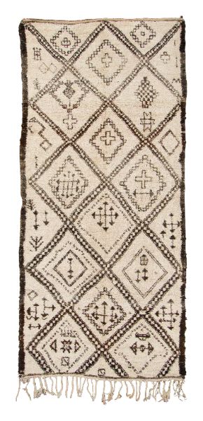 Vintage Moroccan Berber Runner with Folk Designs in Brown & Cream - Rug & Kilim