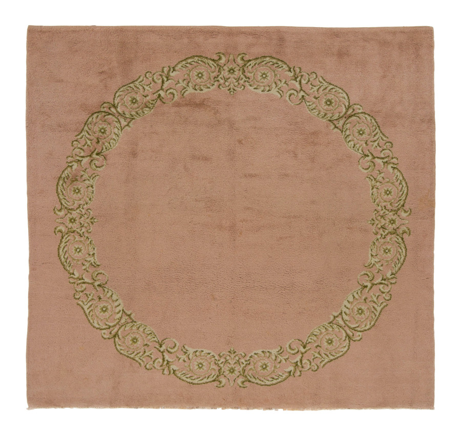 Vintage French Square Rug with Cartouche Design in Pink & Beige - Rug & Kilim