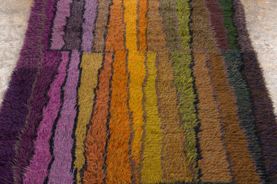 Hover image of Vintage Swedish Rya Rug with Polychromatic Striped Pattern - Rug & Kilim