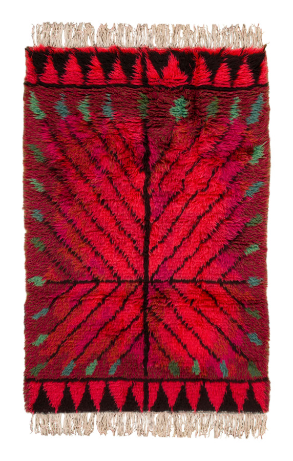 Vintage Swedish Rya Rug with Geometric Leaf Pattern in Red - Rug & Kilim
