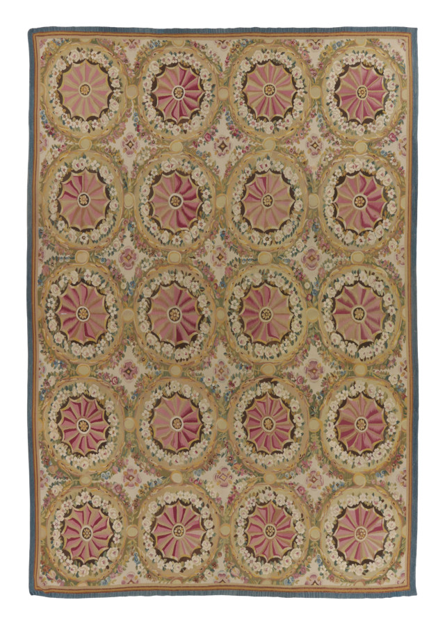 Oversized Vintage French Aubusson Rug with Pink & Cream Floral Medallion Design