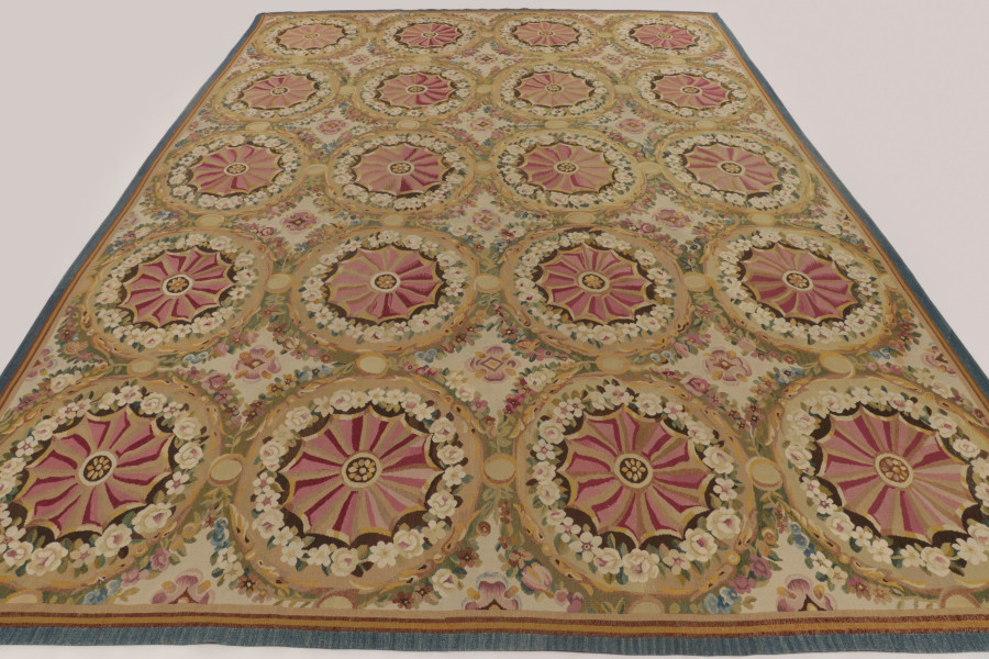Hover image of Oversized Vintage French Aubusson Rug with Pink & Cream Floral Medallion Design