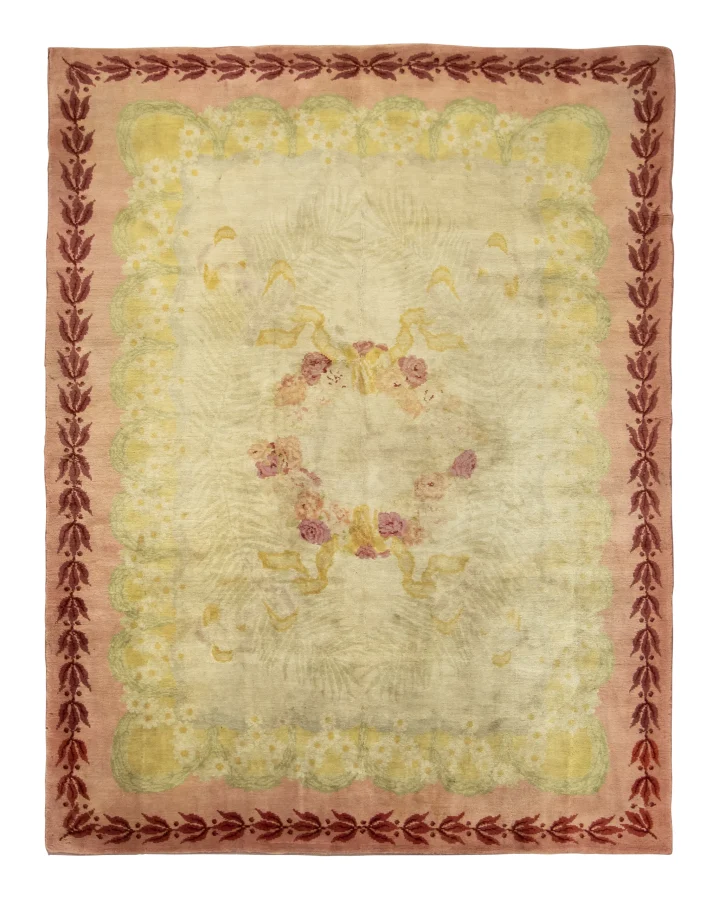 Antique French Savonnerie Rug with Floral Wreath Design in Pastels - Rug & Kilim