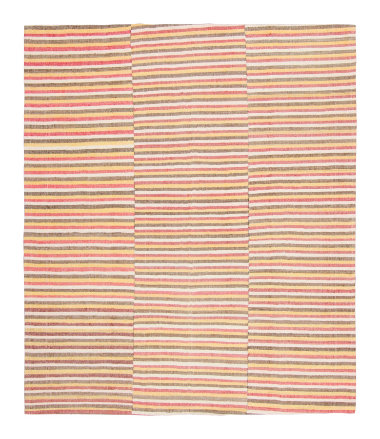 Vintage Panelled Kilim Rug with Stripes in Vermillion & Brown Hues - Rug & Kilim