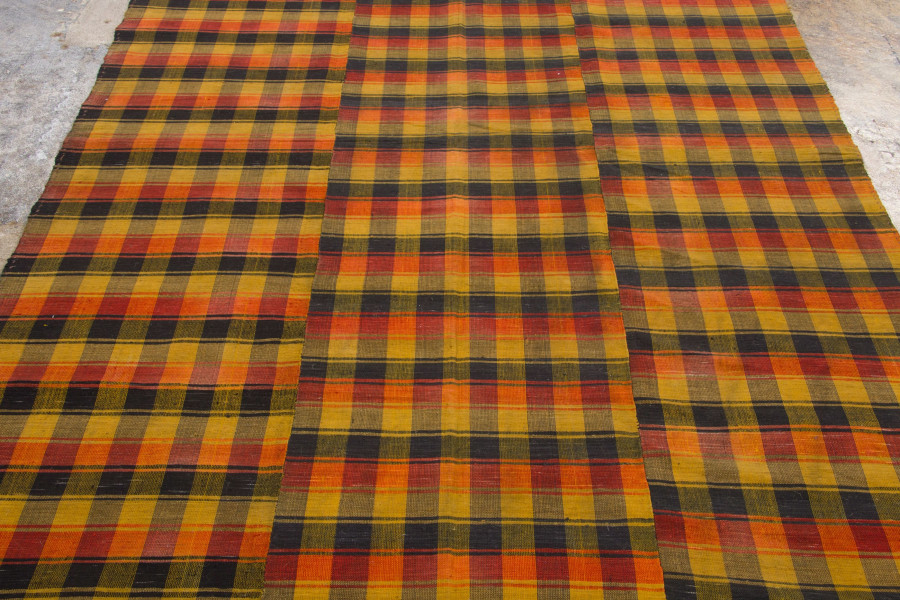 Hover image of Vintage Panelled Kilim Rug with Checkered Stripes in Sunset Hues - Rug & Kilim